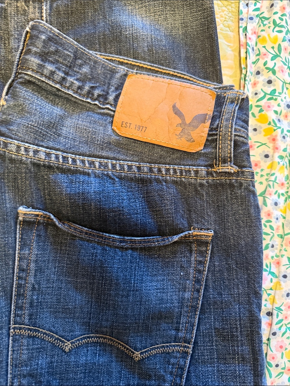 American Eagle Outfitters Dark Blue Slim Straight Jeans with Brown Leather Patch